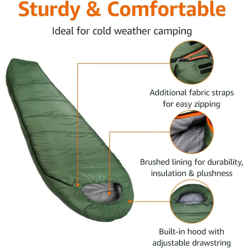 Sleeping Bag 3-Season 20 Degree F Mummy, Olive Green Winter Warm Sleeping Bags