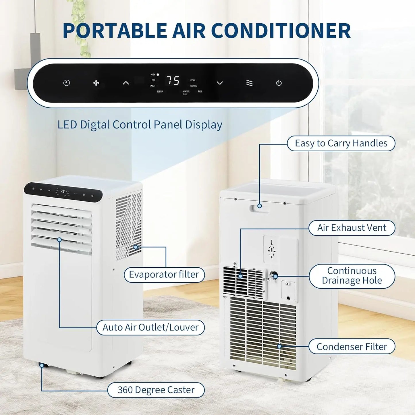 10,000 BTUs Portable Air Conditioners, Portable AC for Room Up to 450 Sq.Ft, 3-IN-1 Quiet AC Unit