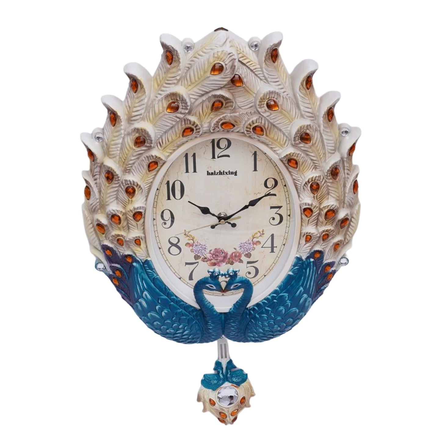 Exquisite Wall-Mounted Pendulum Clock w/Lifelike Animal Feathers, Large Dial, Quartz Movement,