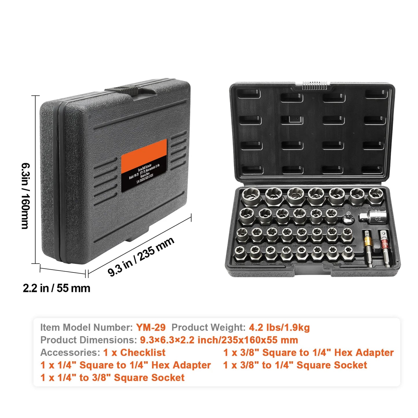 SucceBuy 29PCs Bolt Extractor Set Bolt and Nut Remover Set 6mm to 10mm 13/32" to 3/4" CR-MO