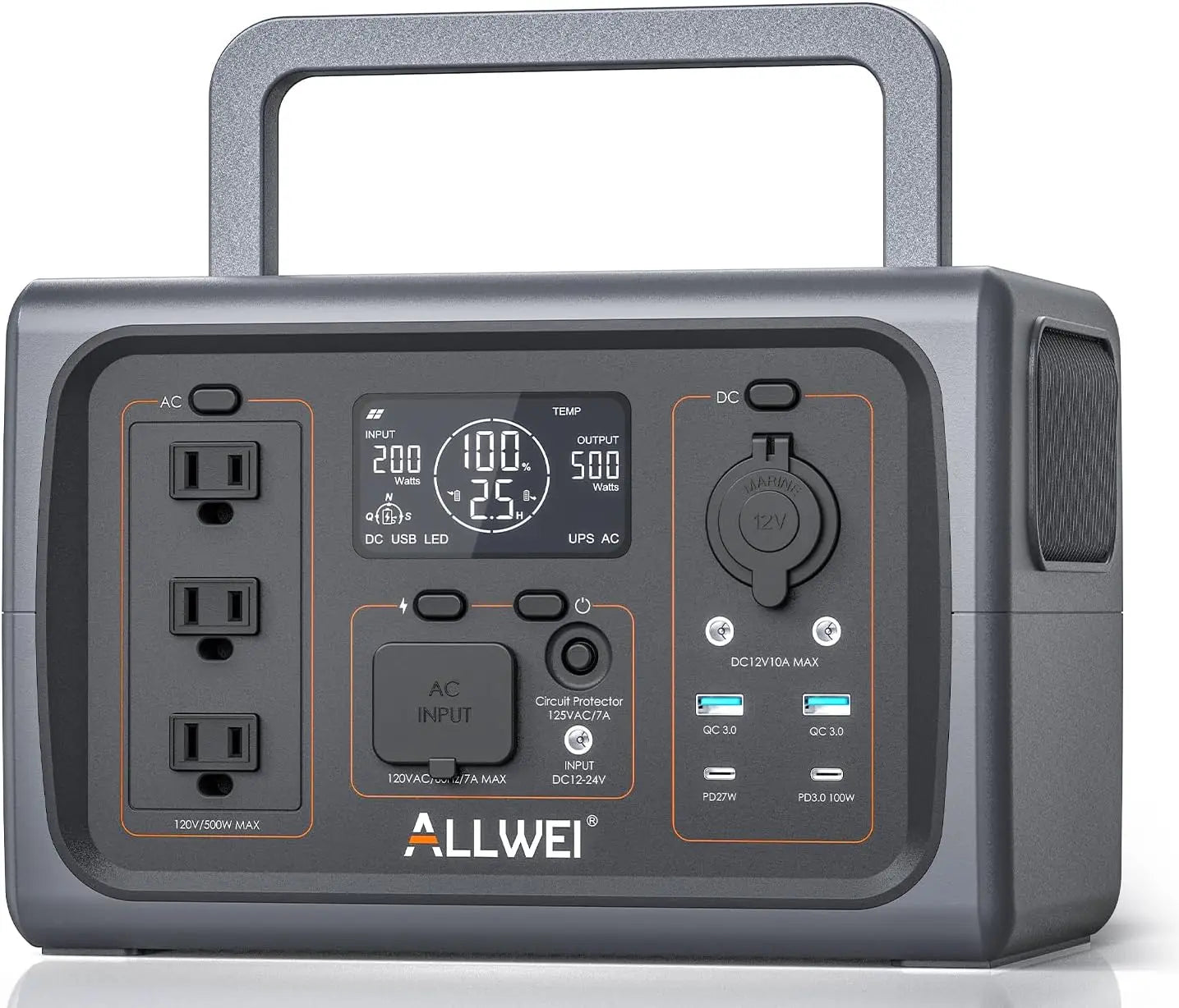 Power Station 500W(Surge 1000W), 512Wh LiFePO4, Solar Generator Fast Charge, UPS Mode, 3 110V AC