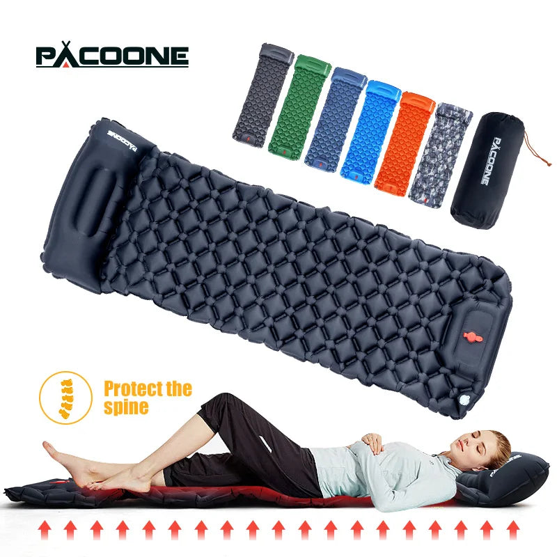 PACOONE Camping Inflatable Mattress Built-in Pump Ultralight Air Cushion Travel Mat With Headrest