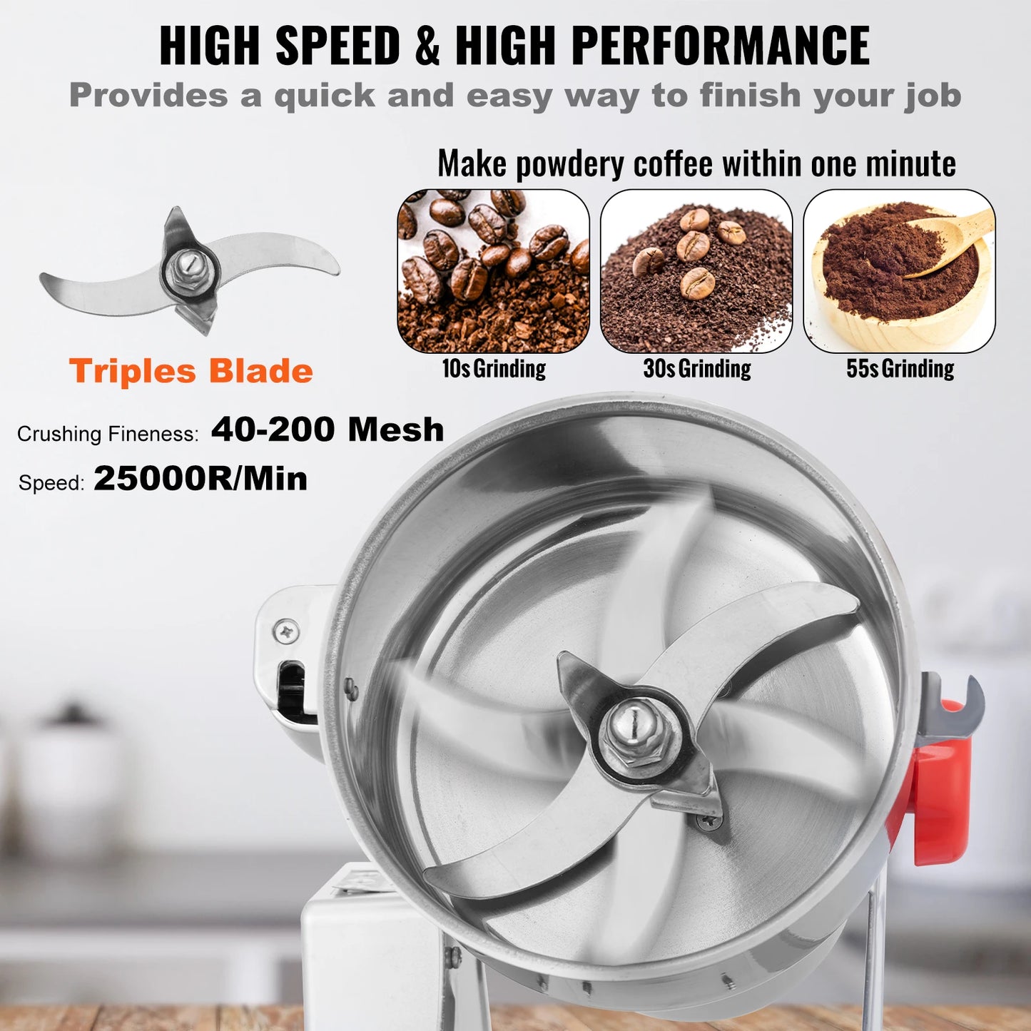 VEVOR Electric Grain Mill Grinder Stainless Steel Pulverizer Powder Machine Herbs Grains Spices