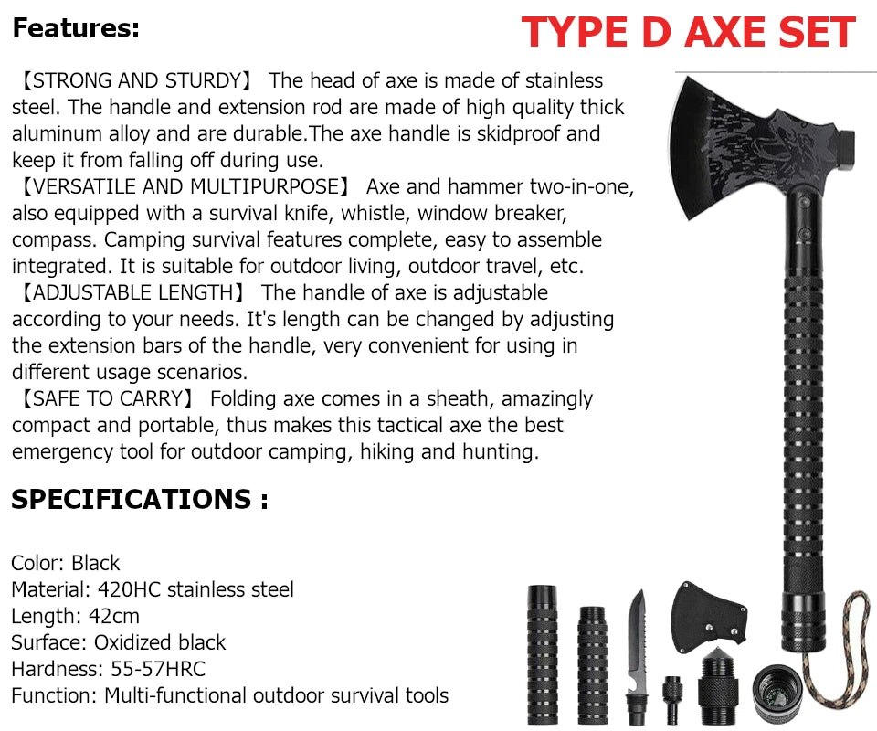 Survival Camping Axe Foldable Tactical Axe Multi Tool Kit Emergency Gear Tomahawk Wild Hatchet AX