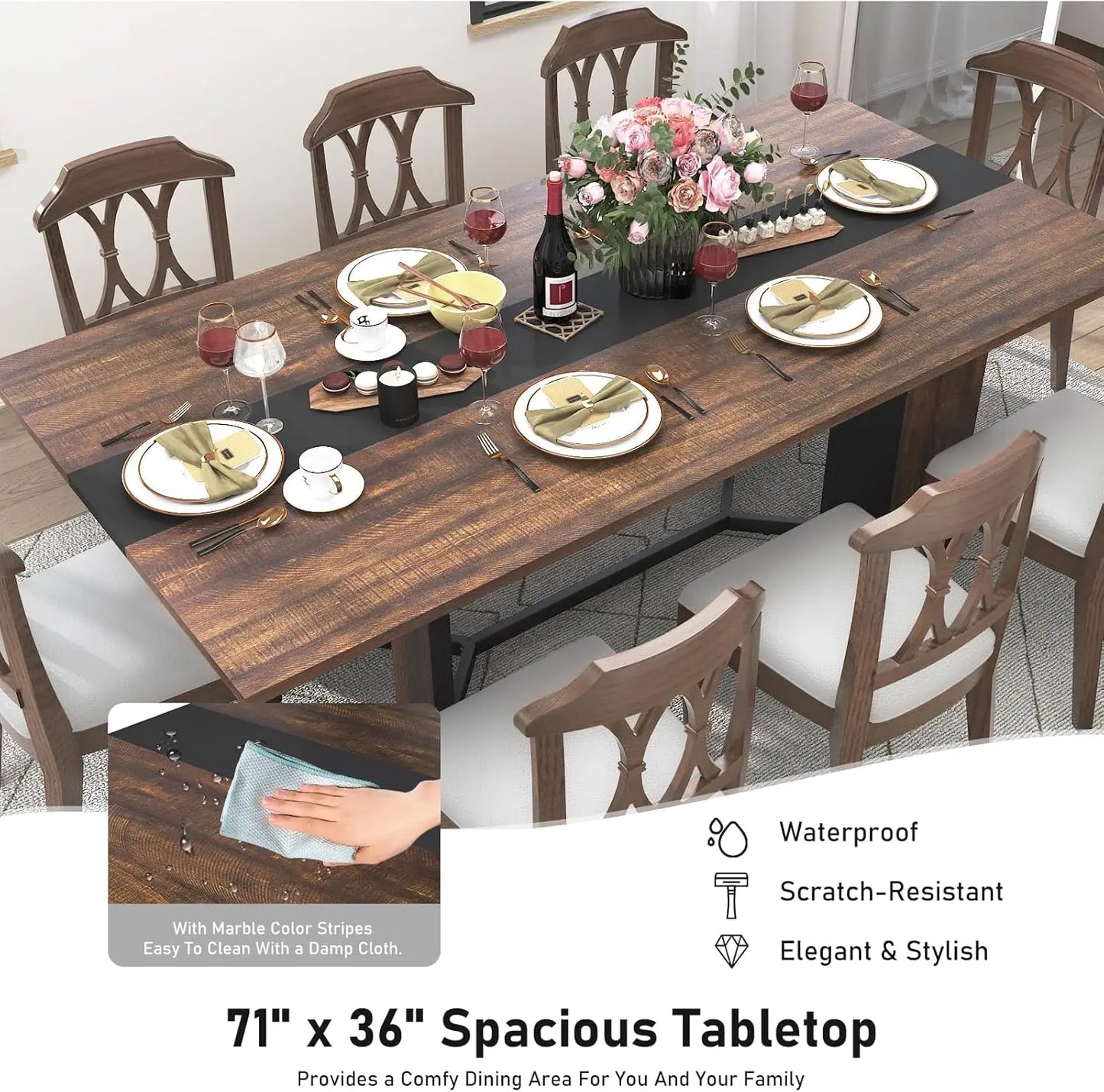 71In Large Rectangular Dining Table for 4 to 8 People 35 Marble Color Wood Waterproof Brown Tabletop