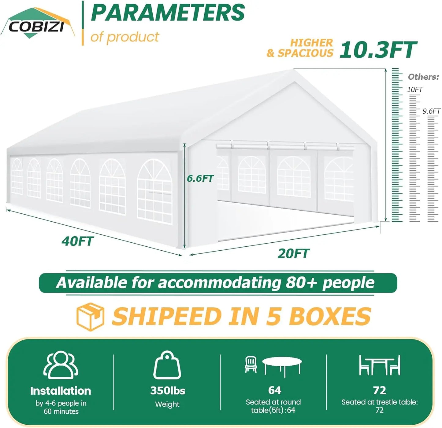 COBIZI 20x40 Party Tent Heavy Duty, Galvanized Wedding Tent, Event Shelter