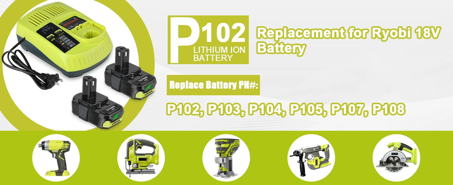 2 Pack 3.5Ah 18V Battery+Charger Combo/Ryobi ONE+ Battery P102 P103 P104 P105 P107 P109 P117 P190