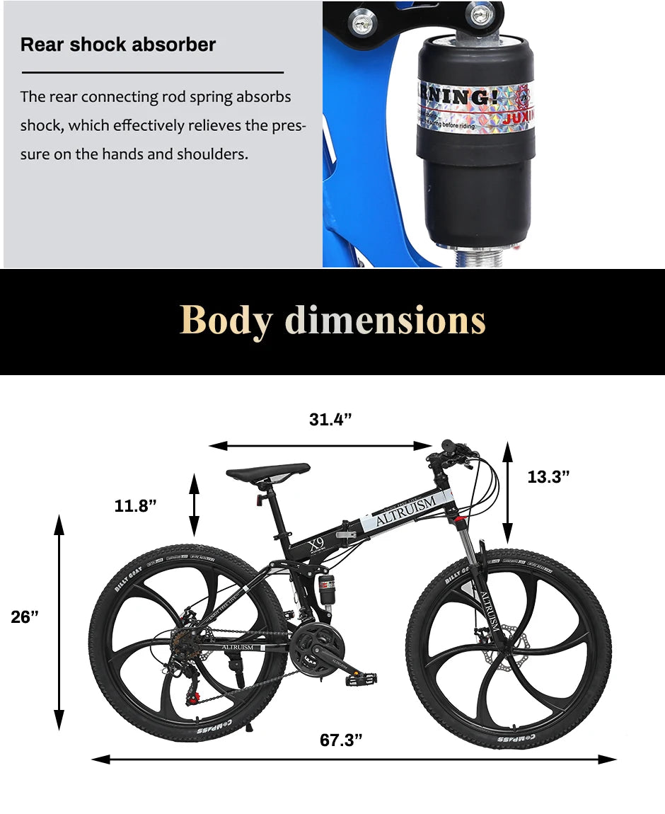 26 Inch Mountain Bike 21 Speed Dual Suspension Adult Bicycle with Adjustable Disc Brake