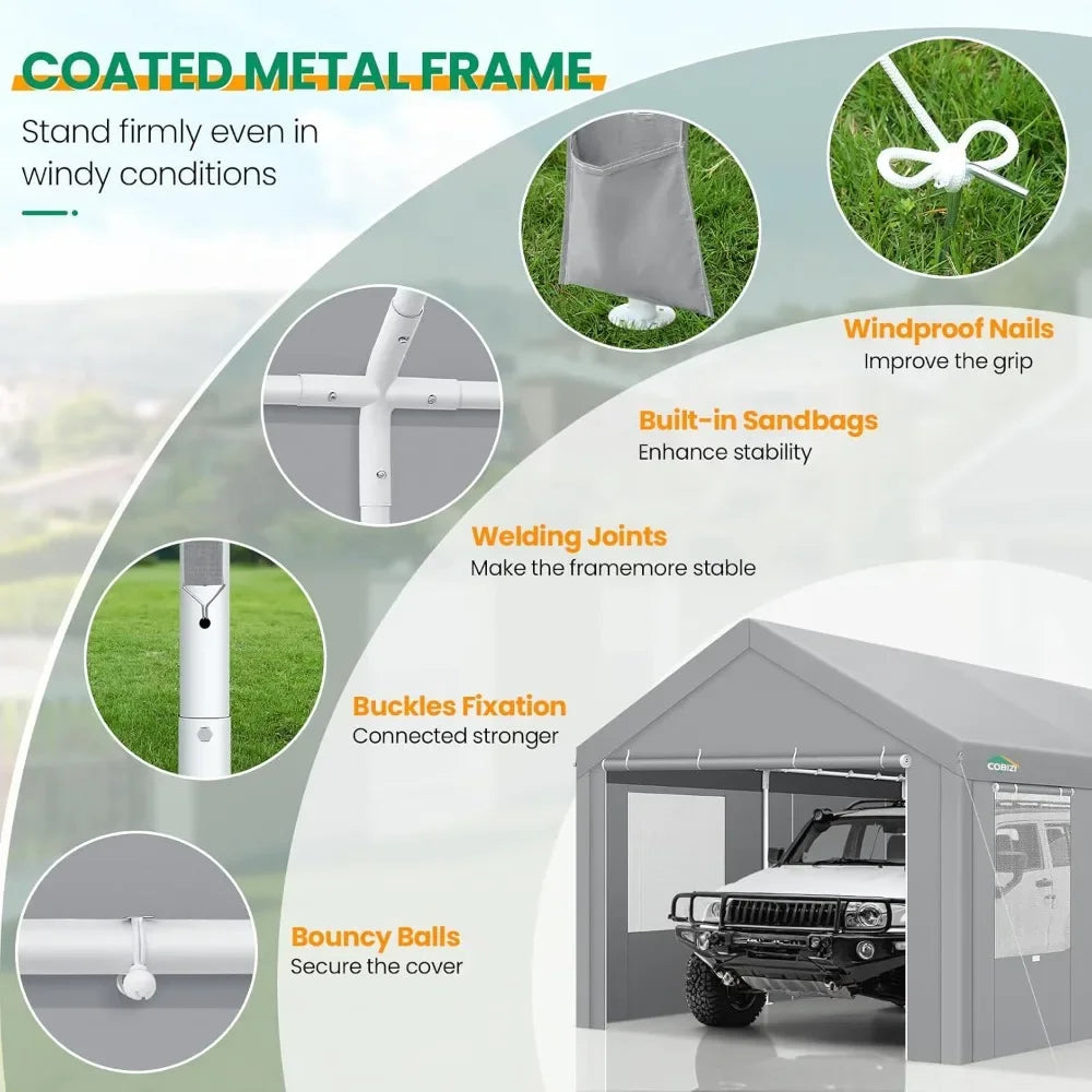 NEW-Carport Canopy 12x20 Heavy Duty Portable Garage w/Removable Sidewalls & Doors, Galvanized Frame