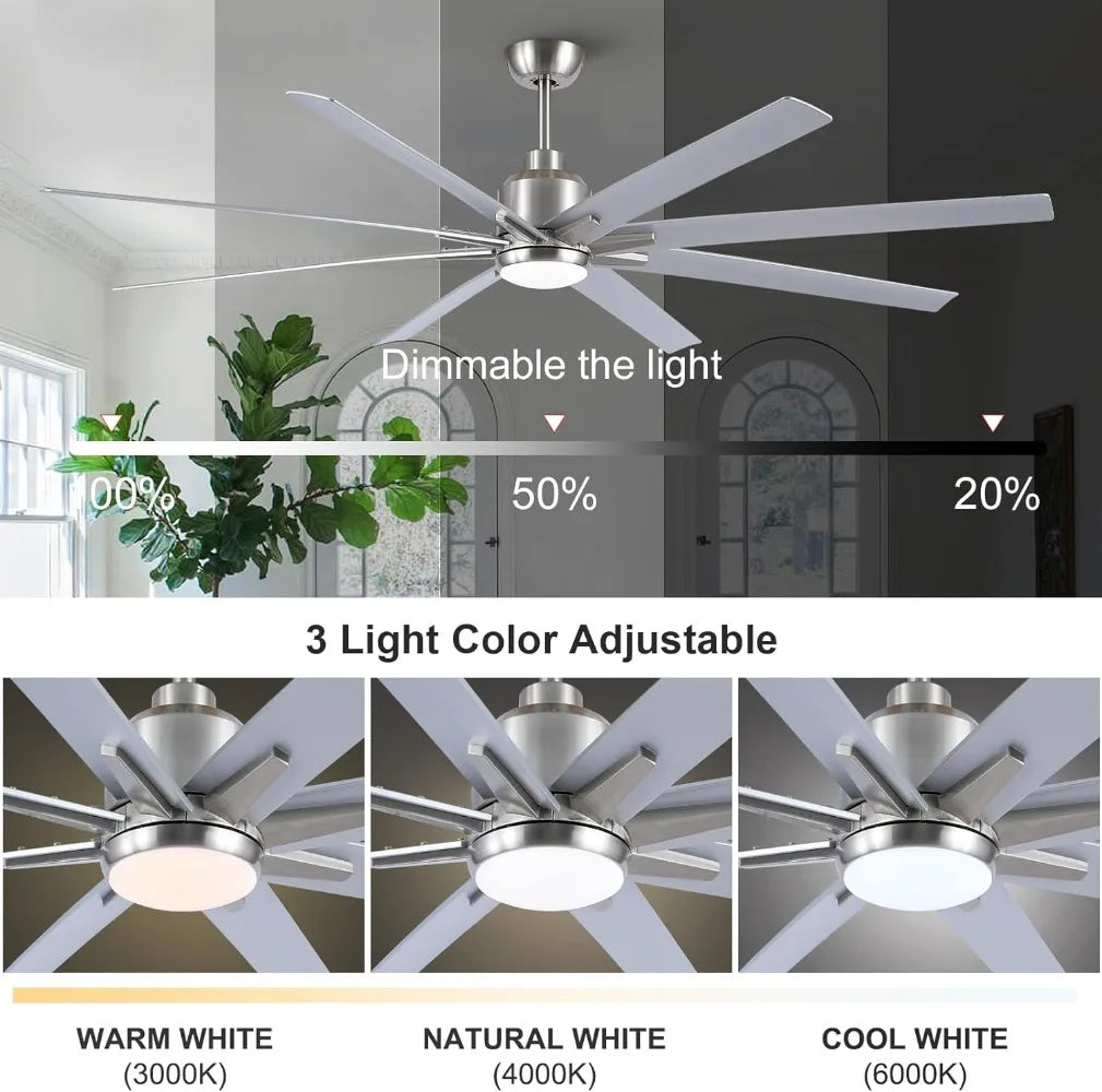 Ceiling Fan w/Lights Remote Control 72" Brushed Nickel Large Ceiling Fan w/8 Reversible Blades