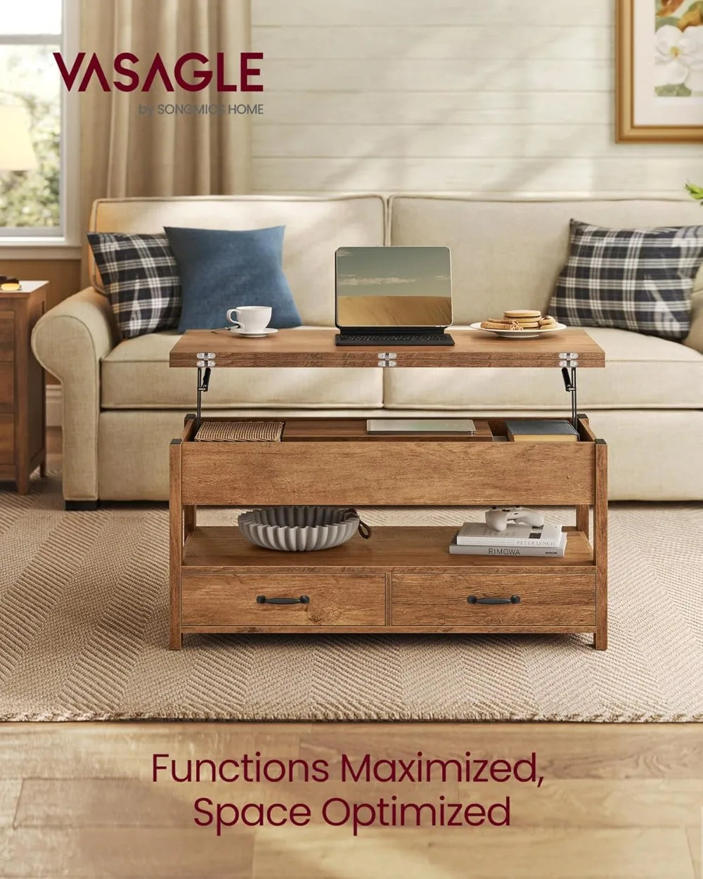 Lift Top Coffee Table with Storage, Gas Spring, Drawers & Hidden Compartments for Living Room