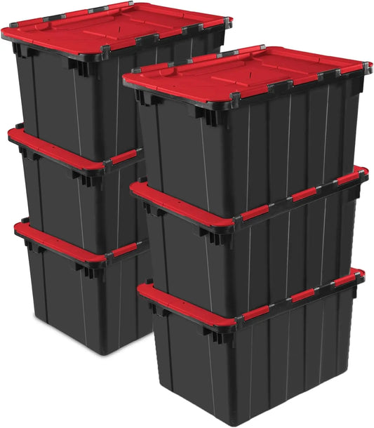 6 Pack Hinged Lid Industrial Totes, 12 Gal Stackable Storage Bins, Black/Red Lid