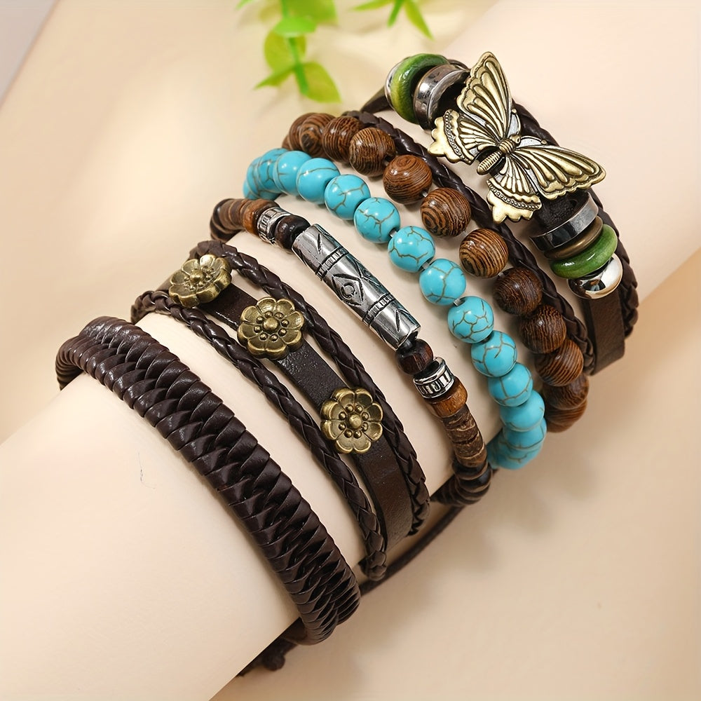 12/32/48pcs Bohemian Vintage Western Pu Leather & Turquoise Beaded Bracelet Set, Faux Leather Bangle