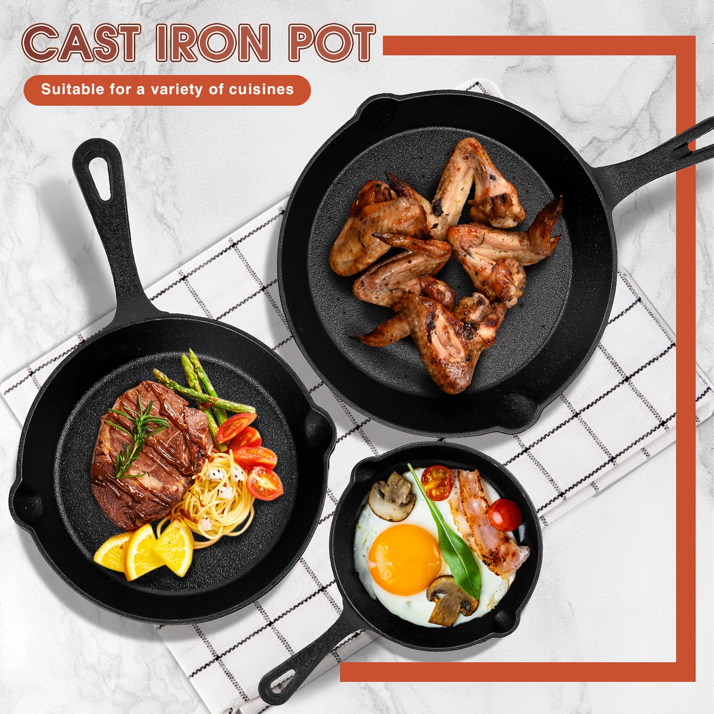 3pcs Non-Stick Cast Iron Skillet Set with Drip Spout - Perfect for Holiday Cooking, RV & Campfire