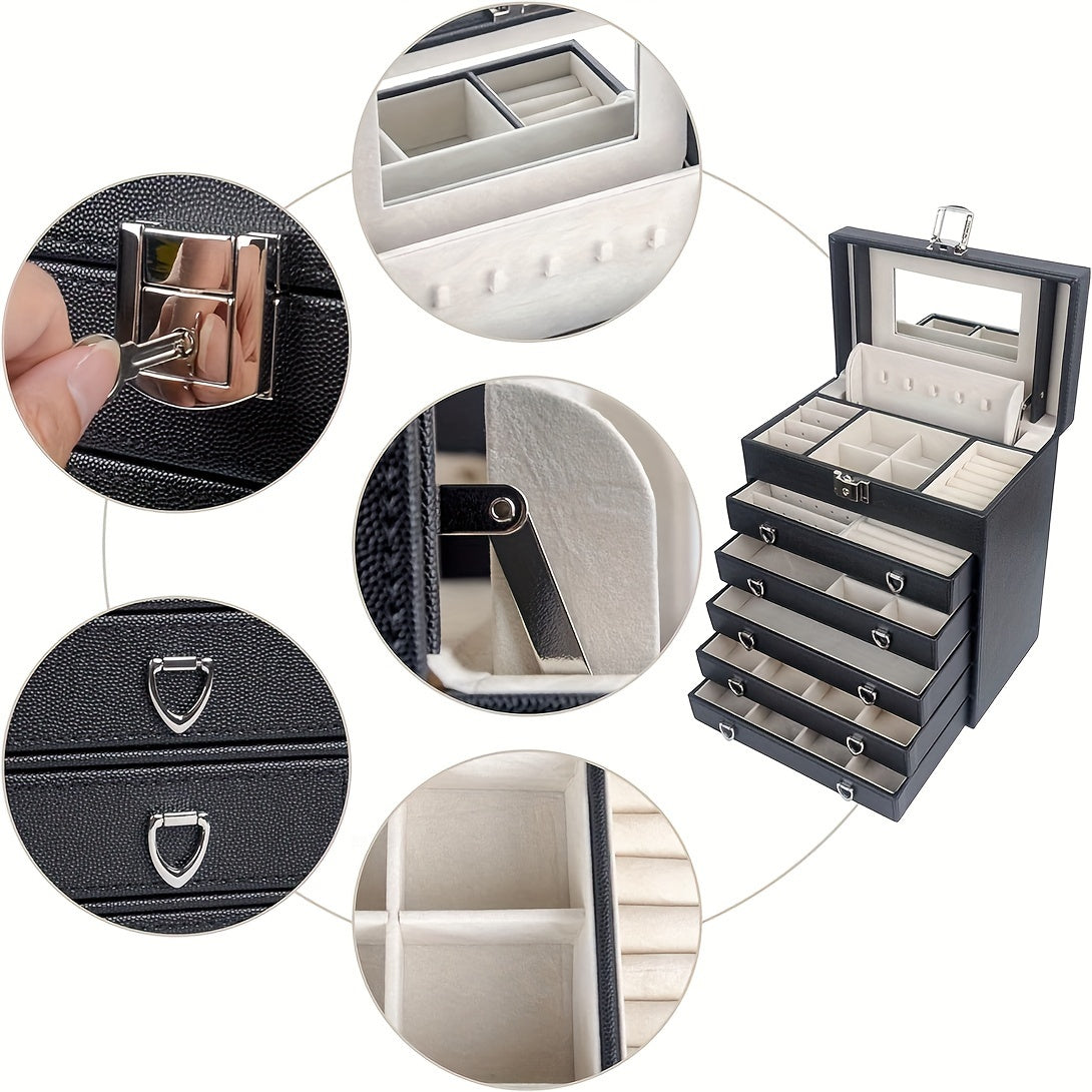 6-Layer Large Leather Jewelry Box for Women, Jewelry Organizer Box with Mirror LJC09BK
