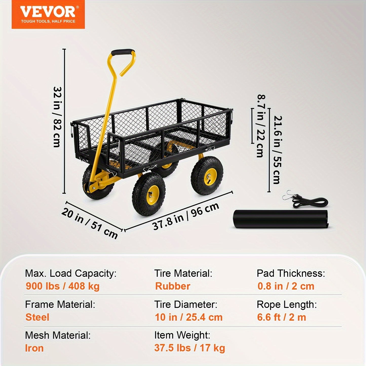 VEVOR Steel Garden Cart, Heavy Duty 900 lbs Capacity, w/Mesh Sides Utility Metal Wagon/10"Tires