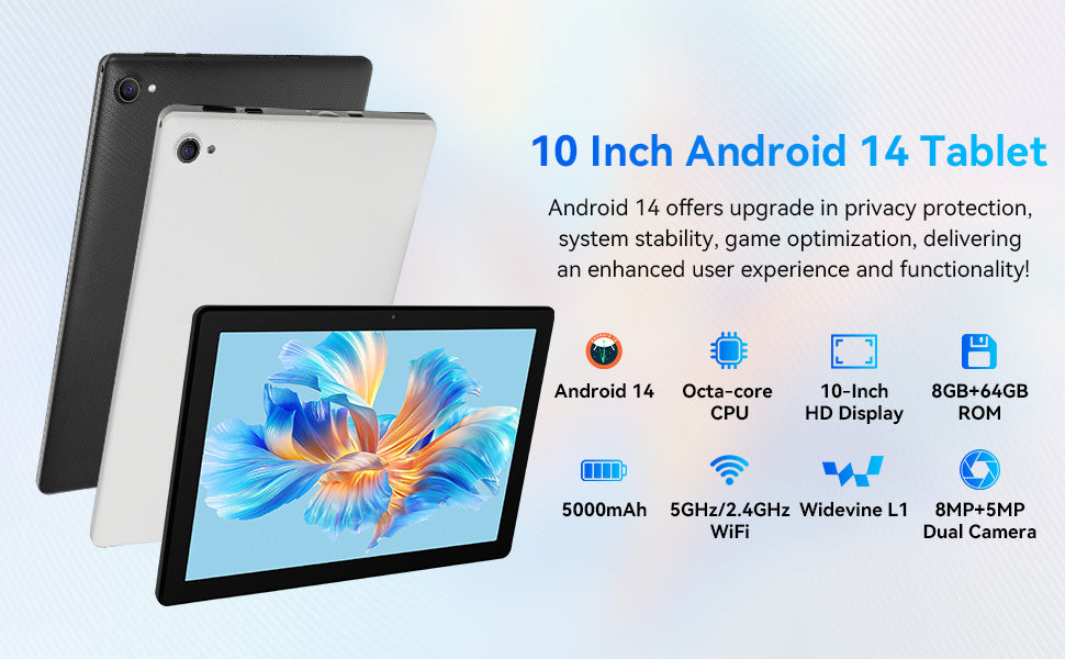 BESTSKI 10.1" Android 14 Tablet, Octa-core 10GB RAM 64GB ROM(Expand to 1TB), 5MP+8MP Dual Cameras