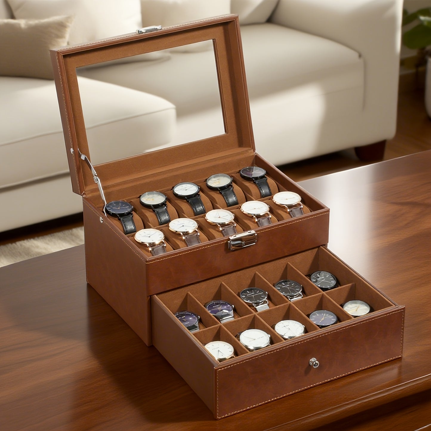 20-grid Double-layer Watch Box, Brown, Black, Gray Pillows, Solid Glass Cover,Collection And Display