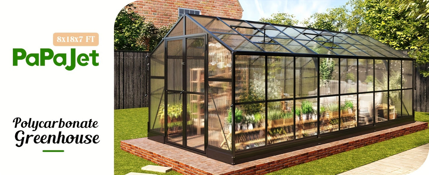 Premium 8x18FT Polycarbonate Greenhouse/Quick-Connect, Aluminum Construction/2 Swing Doors