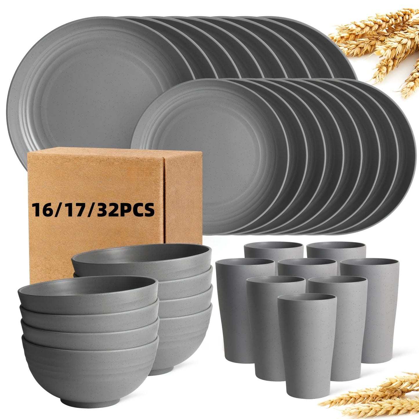 16/17/32pcs Kitchen Dinnerware Set Made from Wheat Straw, 4 Or 8 People. Unbreakable Modern Dishes