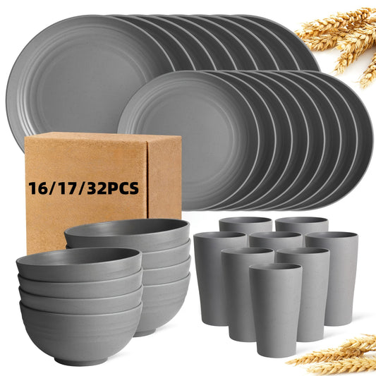 16/17/32pcs Kitchen Dinnerware Set Made from Wheat Straw, 4 Or 8 People. Unbreakable Modern Dishes