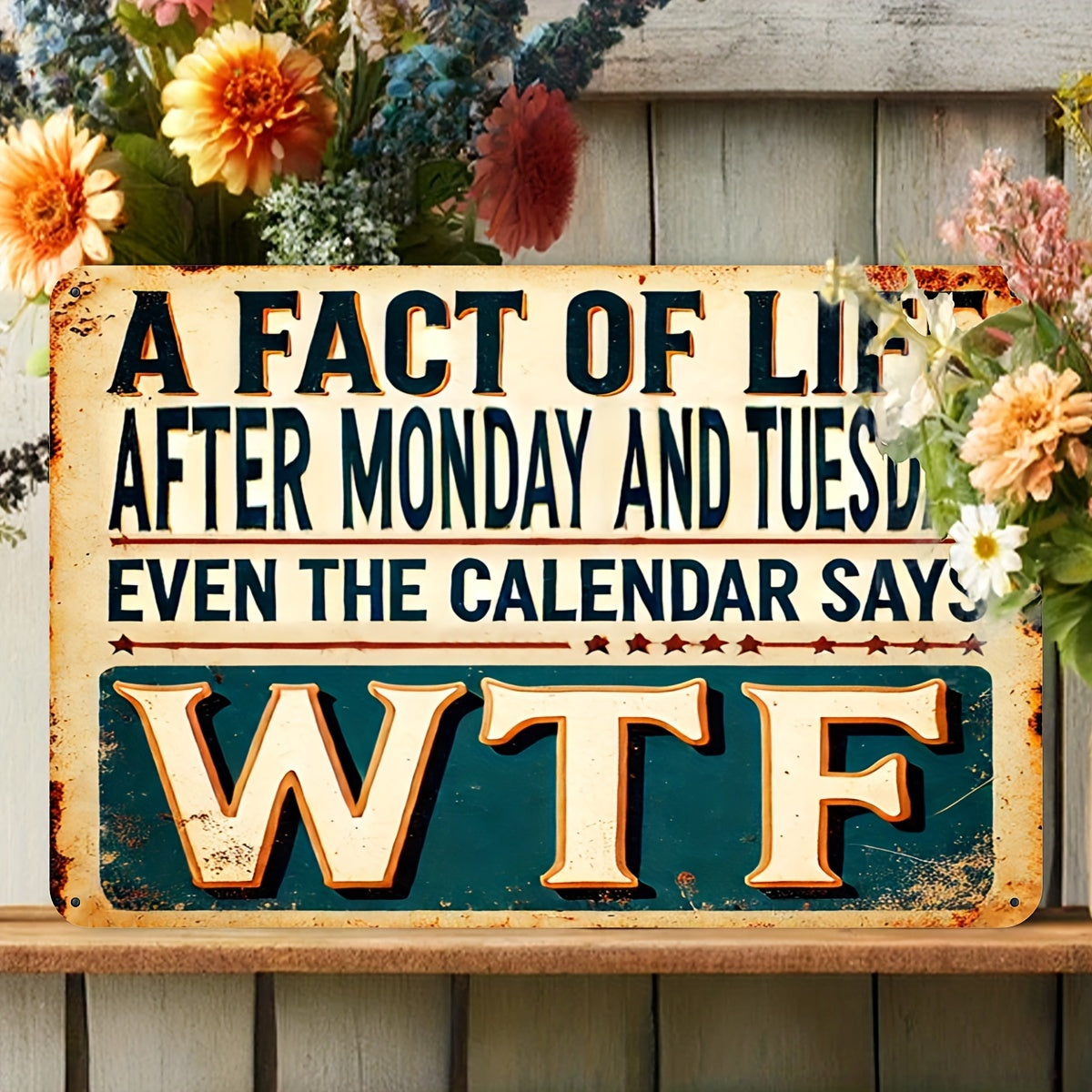 Vintage Aluminum Sign "A Fact of Life: After Monday and Tuesday Even the Calendar Says WTF" 8"X12"