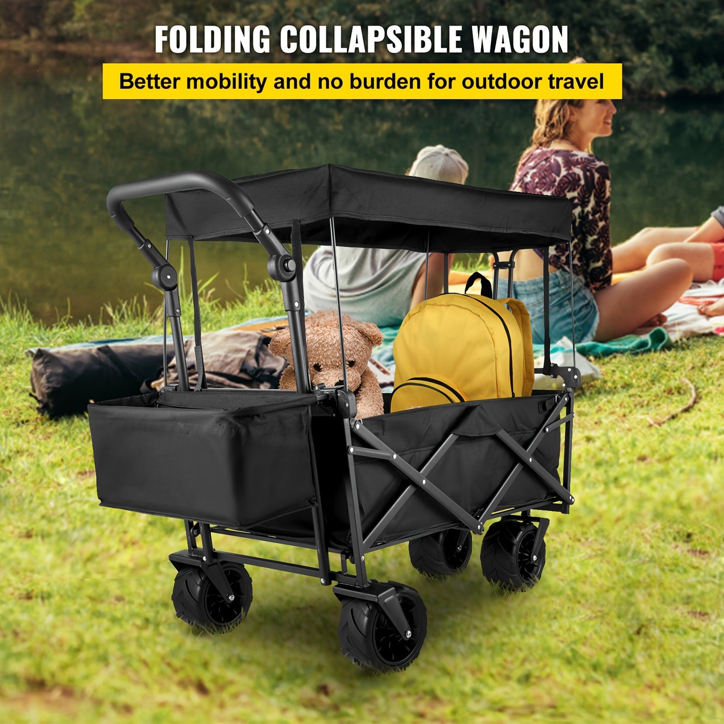 VEVOR Collapsible Wagon With Removable Canopy, 220lbs Heavy Duty Foldable Beach Wagon W/Big Wheels