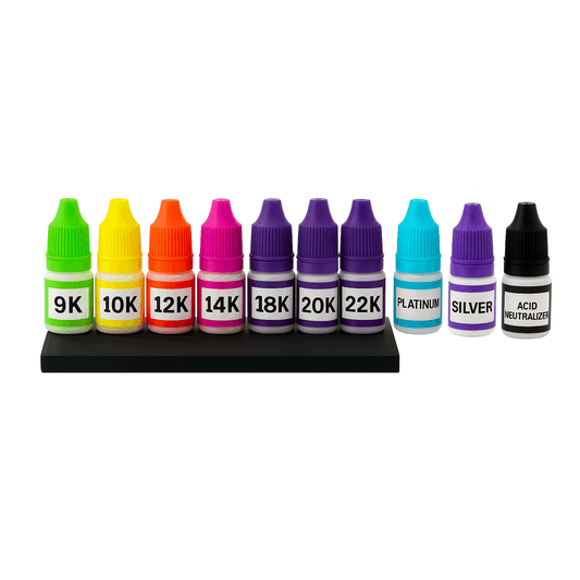 Gold, Silver & Platinum Testing Kit 9K 10k 12K 14K 18K 20k 22K .999 .925 Solutions w/2x4 Test Stone