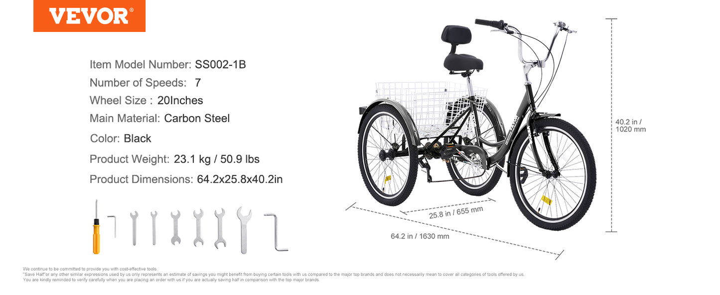 VEVOR 20 Inch Adult Tricycles Bike 7 Speed Adult Trikes Three-Wheeled Bicycles