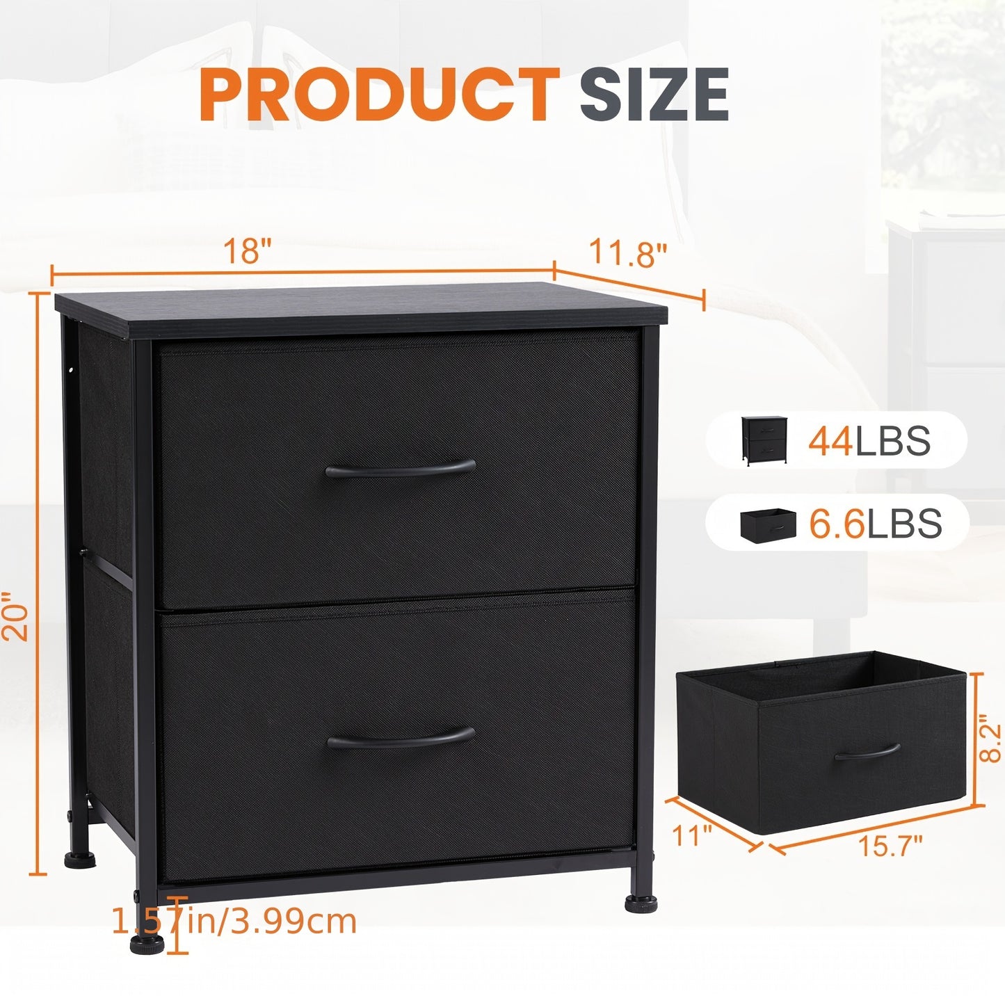 Nightstand Set of 2 with 2 Storage Drawers, 20" Height Wooden Top Fabric Cabinet /Mini Dresser