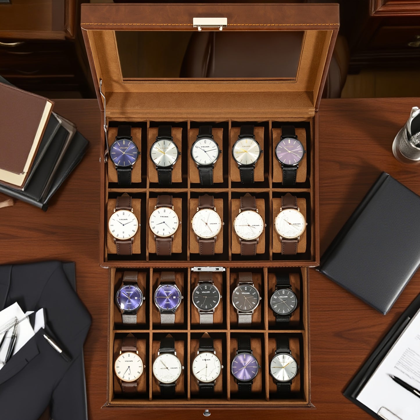 20-grid Double-layer Watch Box, Brown, Black, Gray Pillows, Solid Glass Cover,Collection And Display