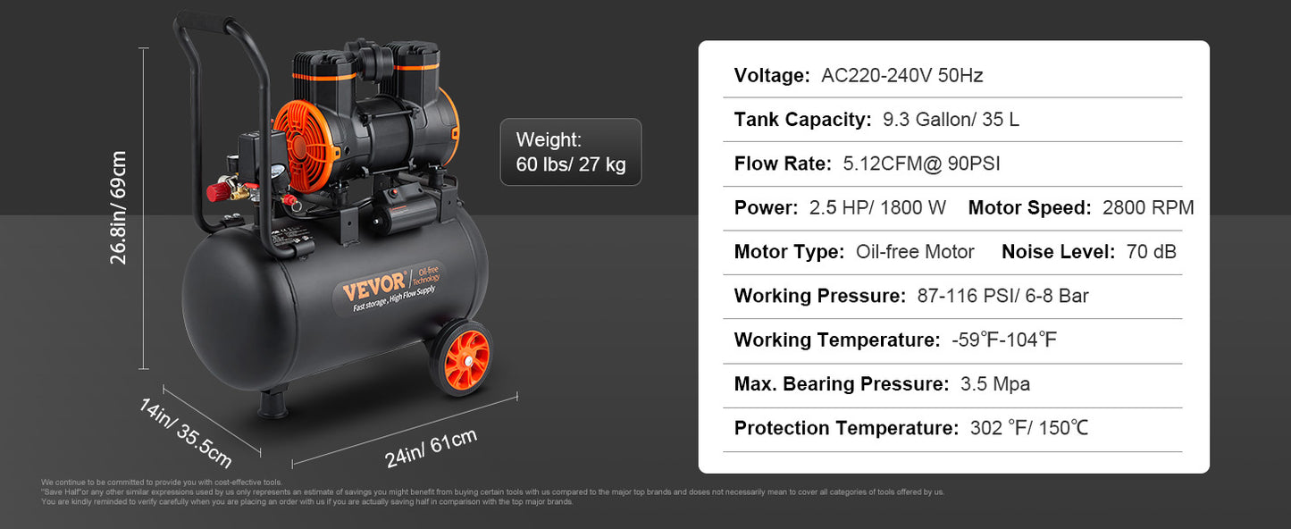 VEVOR Silent Air Compressor 9L 18L 24L 35L Quiet Oil-free Portable Air Pump