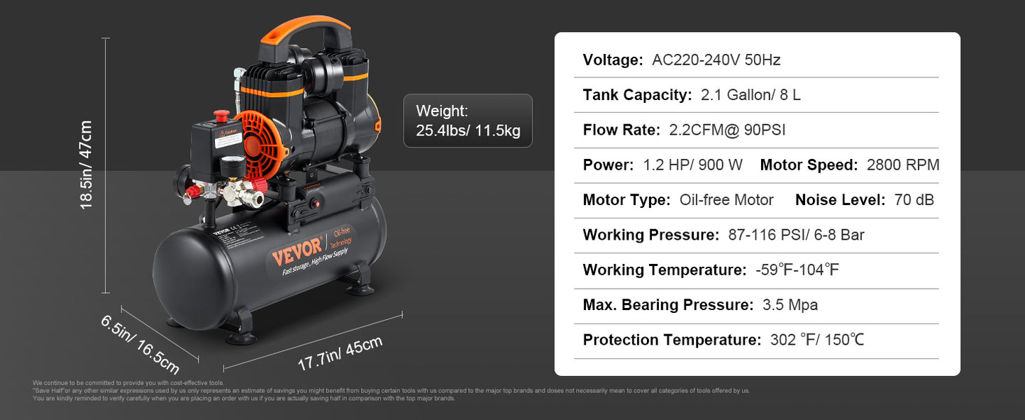 VEVOR Air Compressor, 9L 18L 24L Oil Free Air Compressor Tank 116 PSI Pressure 70 dB Ultra Quiet