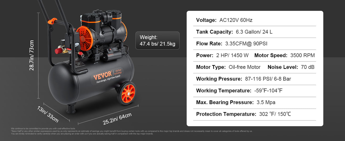 VEVOR Silent Air Compressor 9L 18L 24L 35L Quiet Oil-free Portable Air Pump