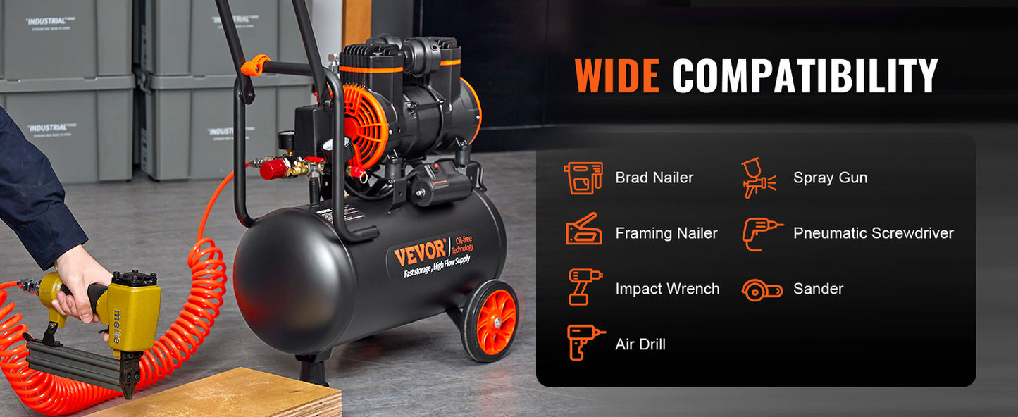 VEVOR Air Compressor, 9L 18L 24L Oil Free Air Compressor Tank 116 PSI Pressure 70 dB Ultra Quiet