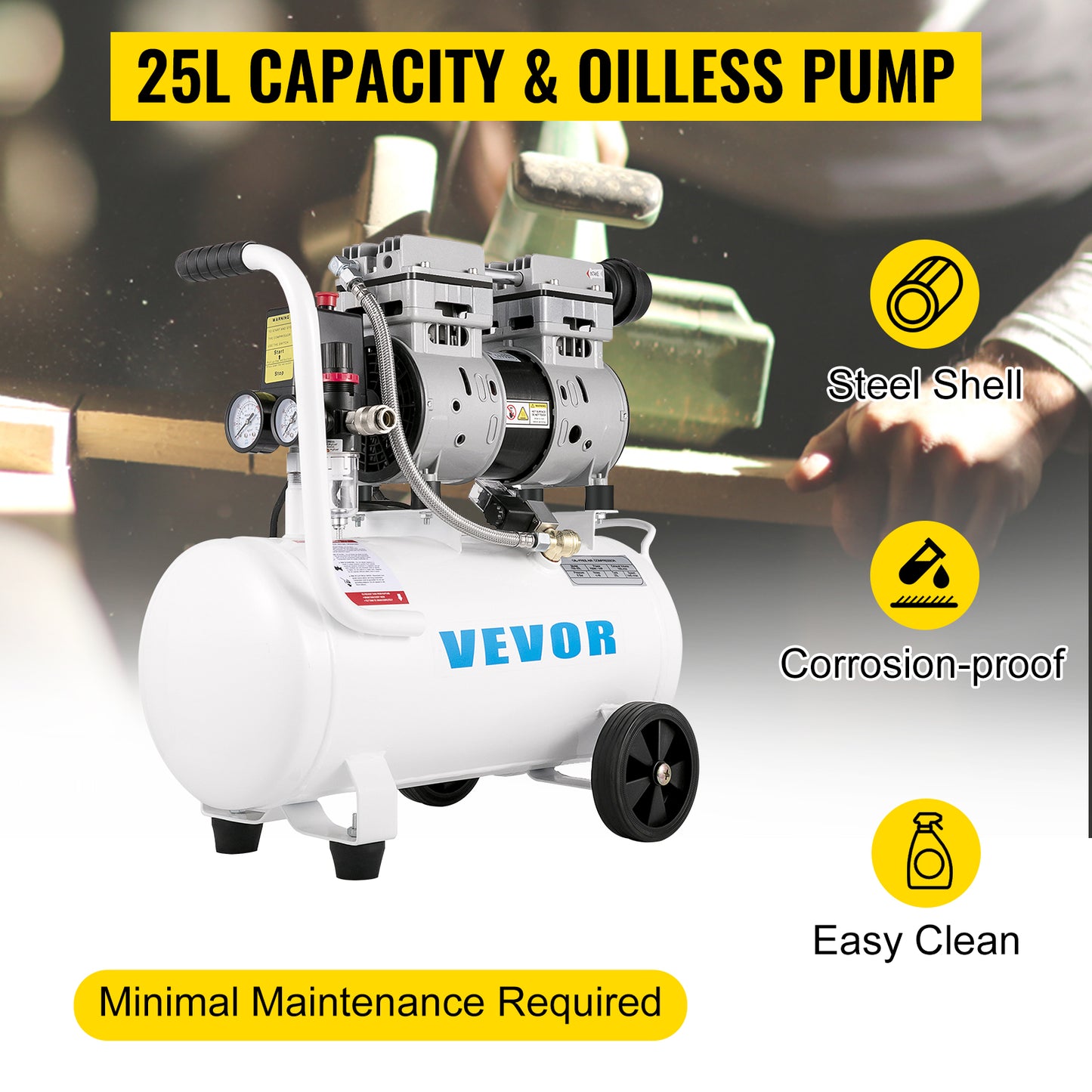 VEVOR 25/60L Air Compressor 110V/240V Silent Oil-Free Air Compressor 750W 1 HP Whisper Air