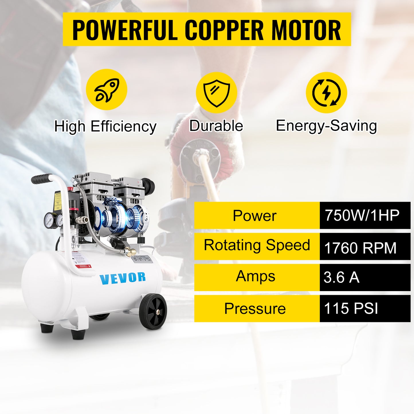 VEVOR 25/60L Air Compressor 110V/240V Silent Oil-Free Air Compressor 750W 1 HP Whisper Air