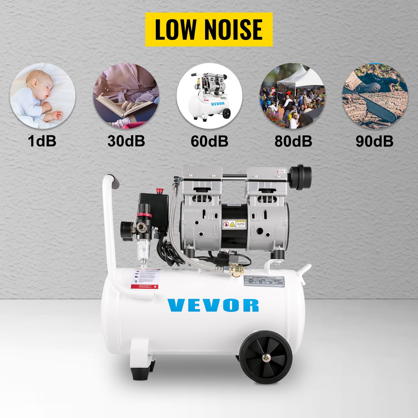 VEVOR 25/60L Air Compressor 110V/240V Silent Oil-Free Air Compressor 750W 1 HP Whisper Air