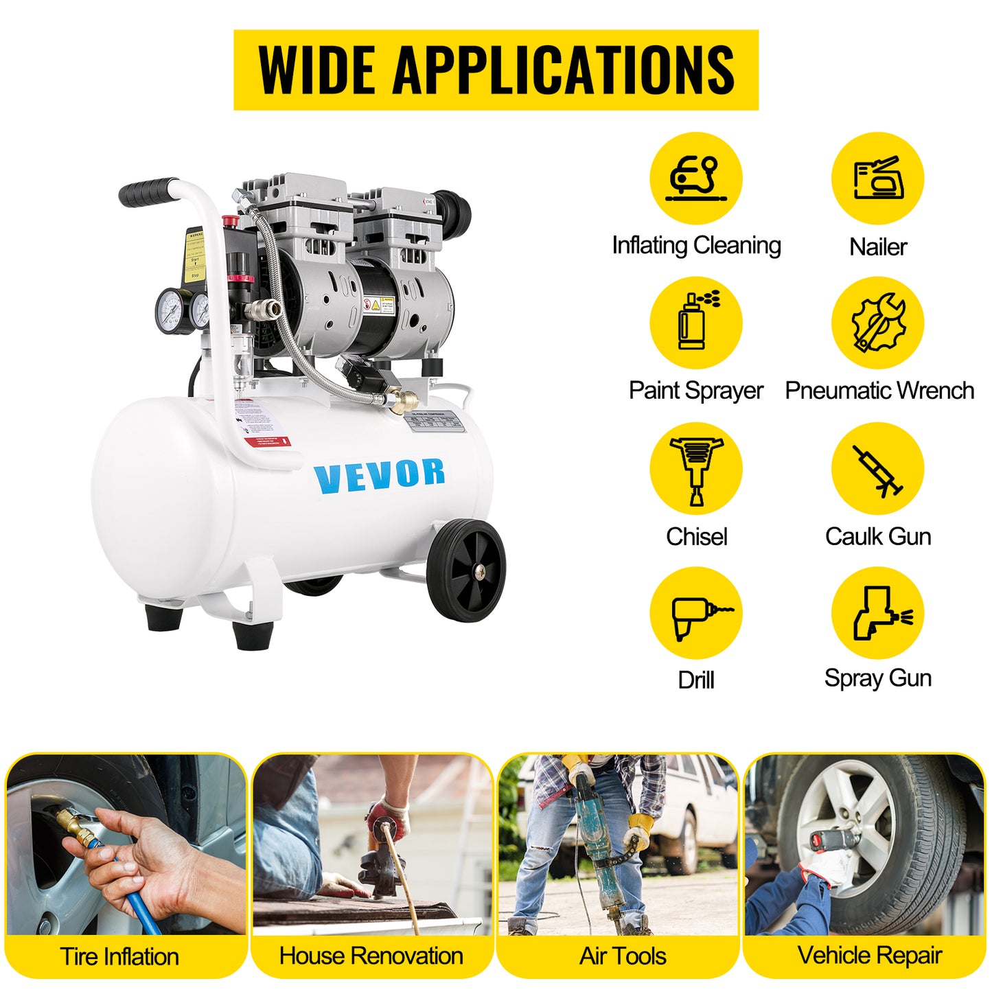 VEVOR 25/60L Air Compressor 110V/240V Silent Oil-Free Air Compressor 750W 1 HP Whisper Air