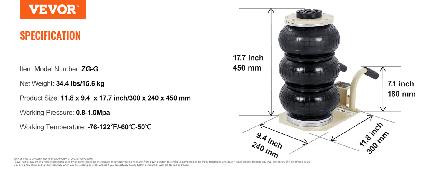 VEVOR Triple Bag Air Jack 3 Ton (6600 lbs) Capacity Portable Pneumatic Car Jacks Heavy Duty
