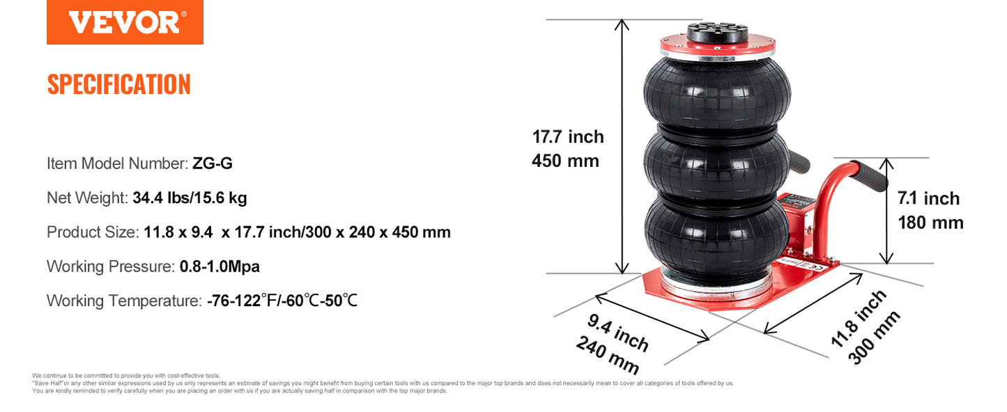 VEVOR Triple Bag Air Jack 3 Ton (6600 lbs) Capacity Portable Pneumatic Car Jacks Heavy Duty