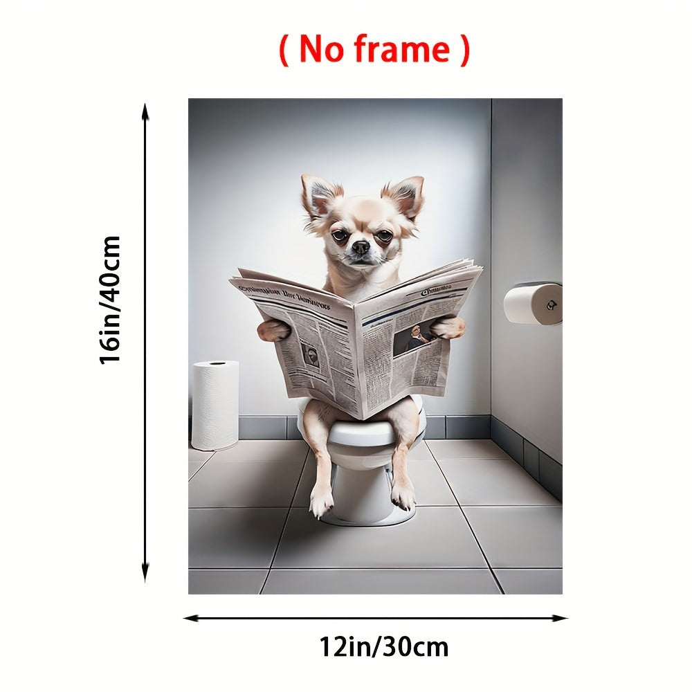 Chihuahua Reading Newspaper on Toilet: "12x16"  Framed Poster - Humorous Animal Wall Art