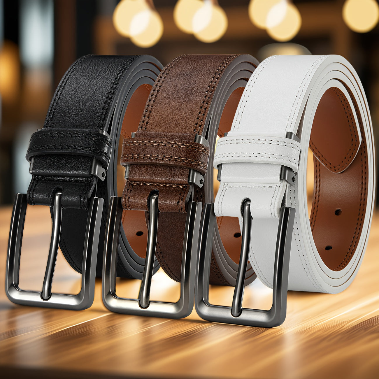 3pcs Mens Genuine Leather Belt Pin Buckle Classic Vintage Cowhide Trendy Casual Jean Belts