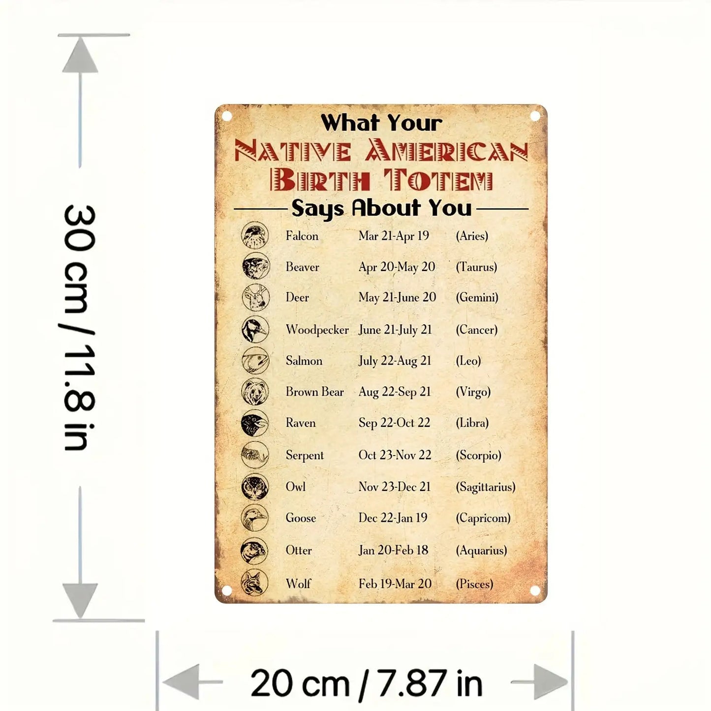 Vintage Native American Birth Totem Wall Sign - 8x12 Inch Aluminum Metal Plaque with Zodiac Animals