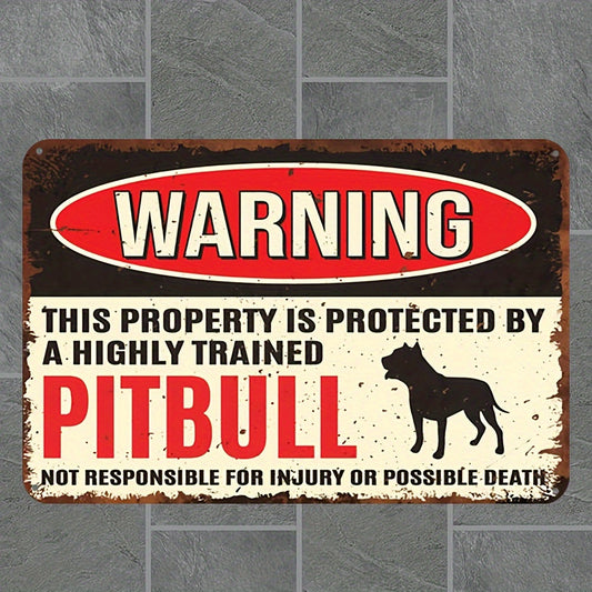 1pc Vintage Retro Metal Tin Sign, 8"x12" Humorous Pitbull Warning Poster Indoor/Outdoor Wall Decor,