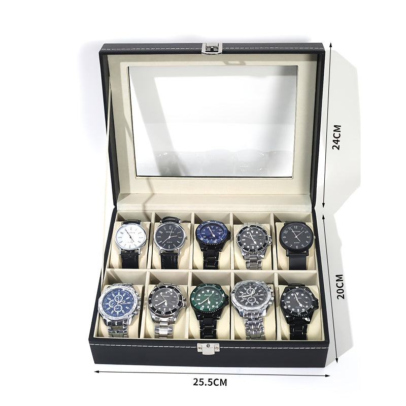 1pc Black Faux Leather Watch Box, Square Flip Display Box For 10/12 Slots, Elegant Watch Organizer