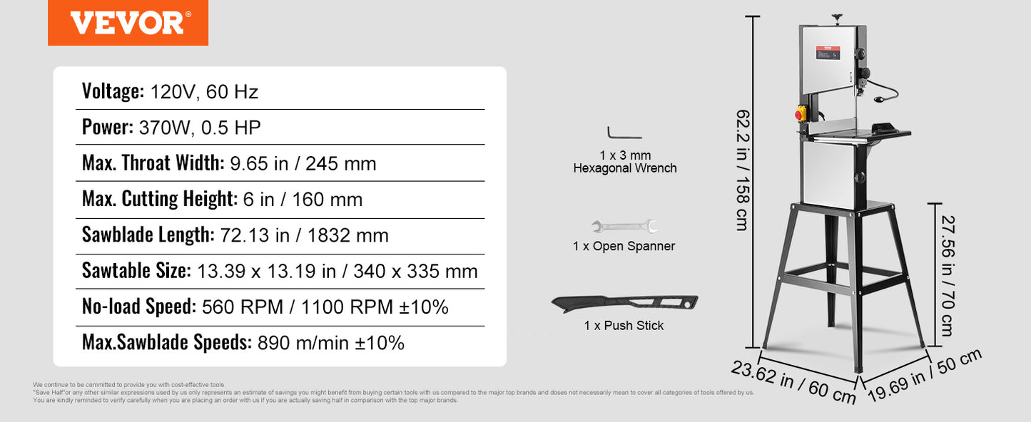 VEVOR 10/14Inch Band Saw 2-Speed Continuously Viable Benchtop Bandsaw with Optimized Work Light