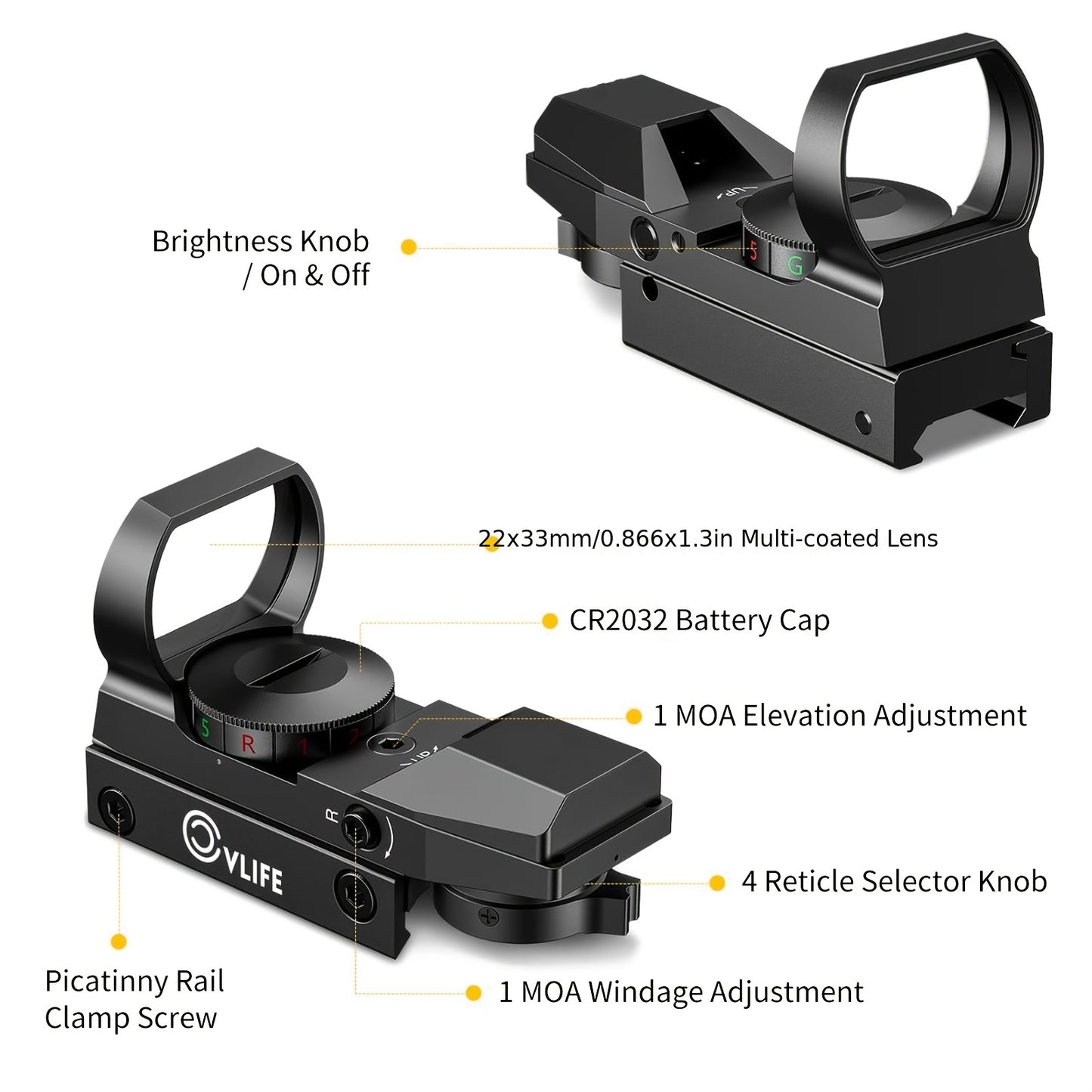 1X22X33 Red/Green Dot Gun Sight with 20mm Rail - Tactical Red Dot Sight, 4 Reticle Patterns