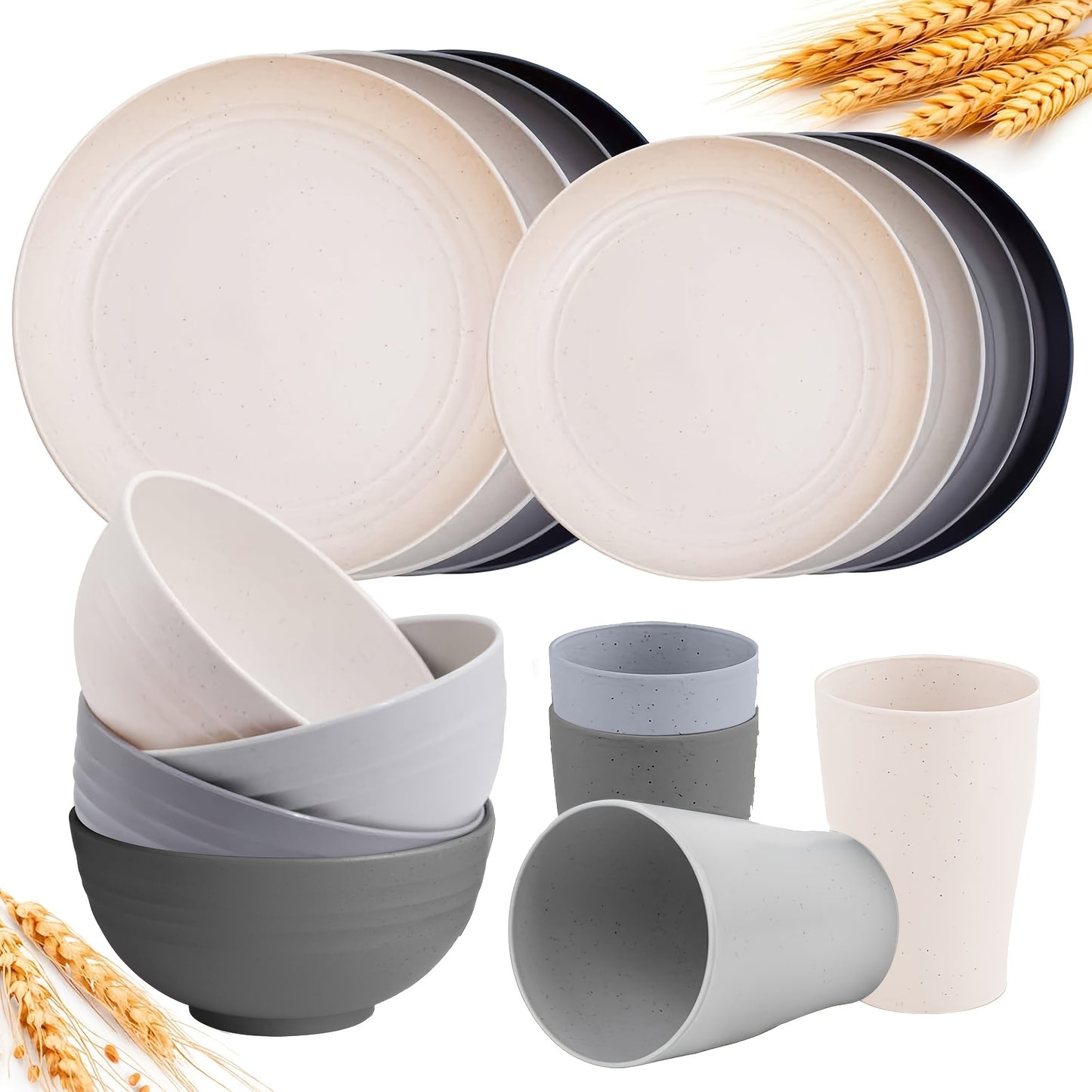 16/17/32pcs Kitchen Dinnerware Set Made from Wheat Straw, 4 Or 8 People. Unbreakable Modern Dishes