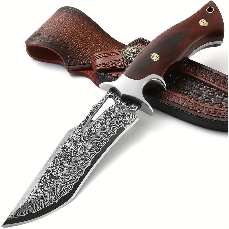 1pc Hand-Forged Damascus Fixed Blade | Wooden Handle, Leather Sheath, Flat Edge, 13" Blade, 15"